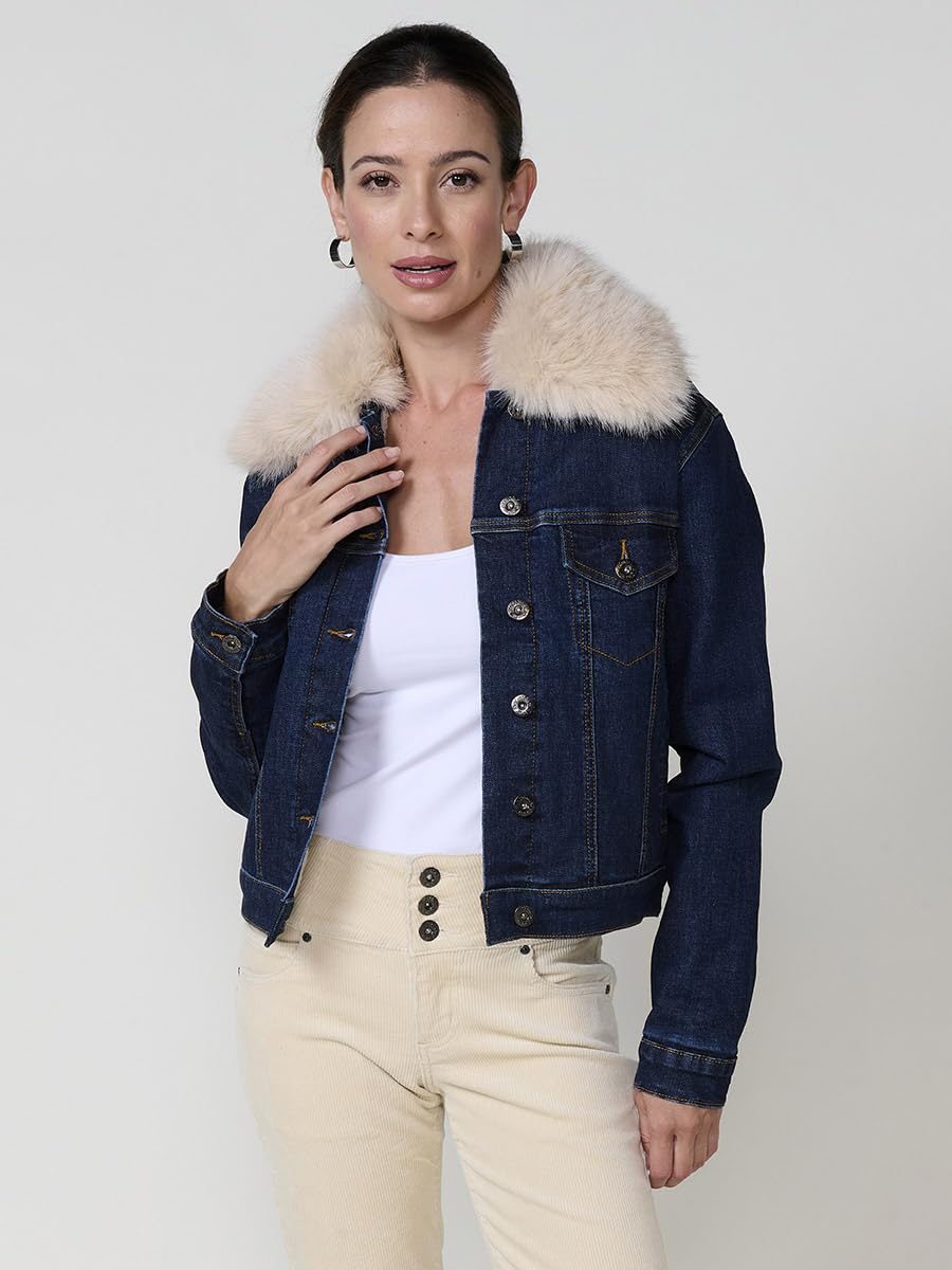 Koroshi Chaqueta cazadora vaquera denim oscuro forro interior efecto pelo y cuello pelo no animal extraíble