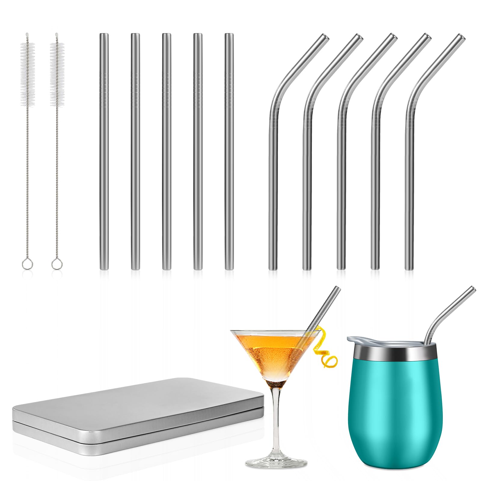 Photo 1 of [10 Pcs] 6 Inch Metal Drinking Straws - 0.24" Diameter 304 Stainless Steel Straw for Cocktail Coffee Margaret, 5 Bent 5 Straight Reusable Short Straws for Kitchen,Home Bar,Party