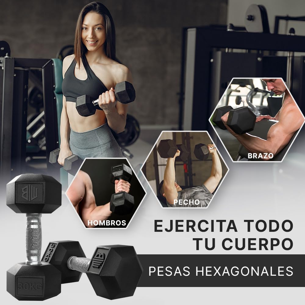 Mancuernas Hexagonales Profesionales - Pesas y Mancuernas con Agarre Cromado Antideslizante de Caucho (2.5 kg a 240 kg) - Individual, Par o Combo