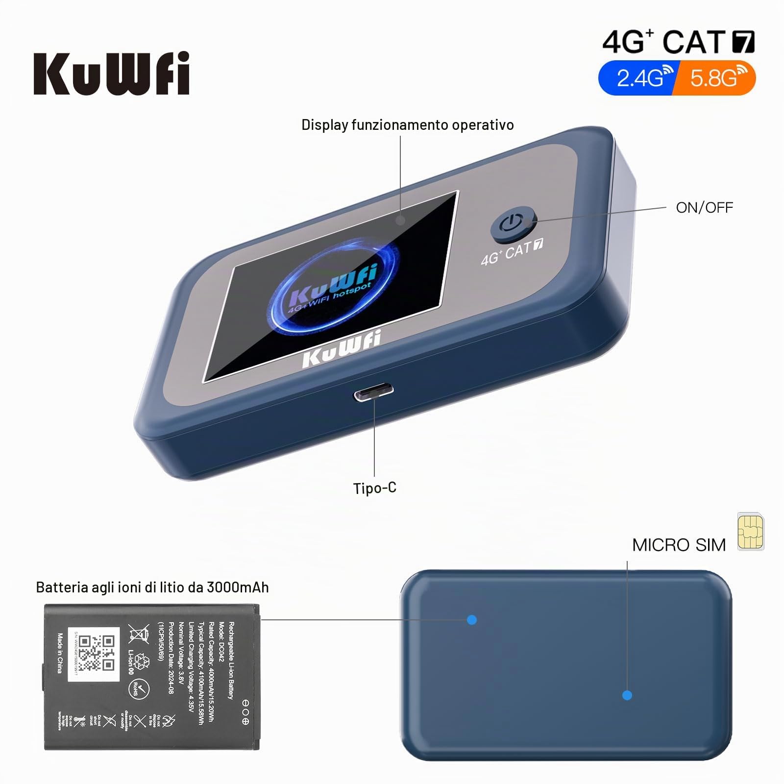 KuWFi Saponetta WiFi con SIM Card, Router WiFi Portatile 4G+ LTE Cat7 300Mbps Download, Hotspot Viaggio per Campeggio e Auto, Batteria 3000mAh per 10 Dispositivi