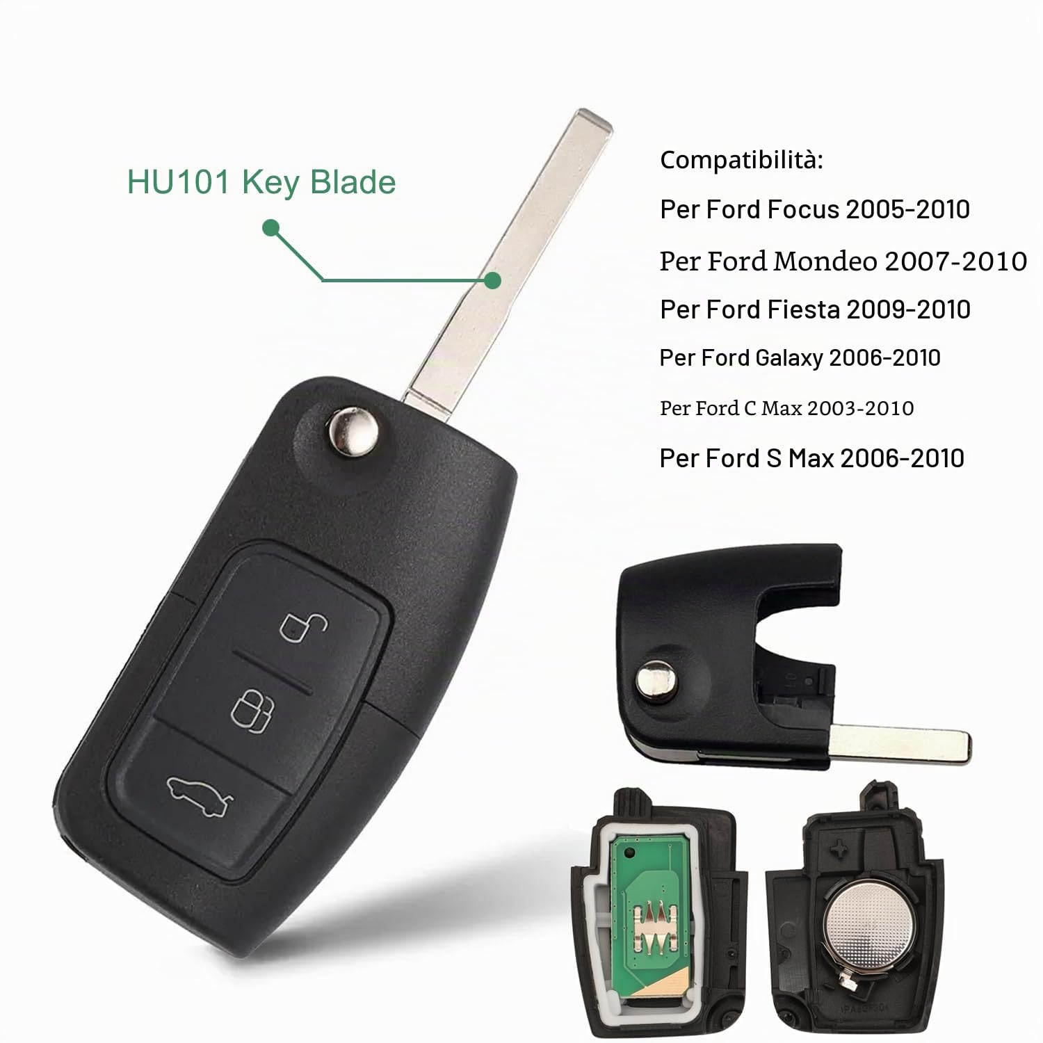 Heart Horse Guscio Chiave Telecomando 3 Tasti Pieghevole 433 MHz 4D63 per Fiesta Focus Mondeo MK4