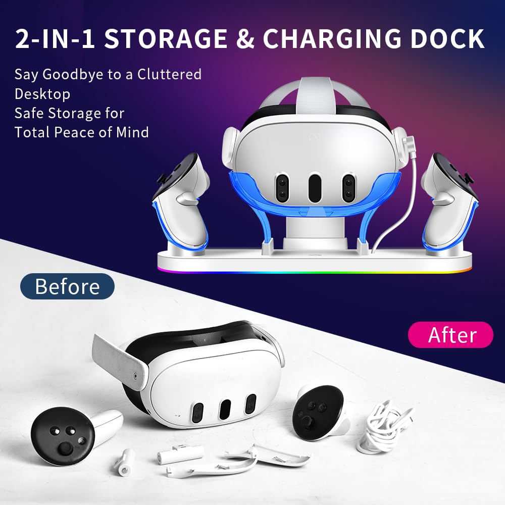 Station de Charge Rapide 18W RGB pour Meta Quest 3/3S, avec 2 Batteries Rechargeables, 8 Modes de Lumière LED, Accessoire de Charge USB-C pour Oculus/Meta Quest 3/3S, Compatible avec Strap Eli