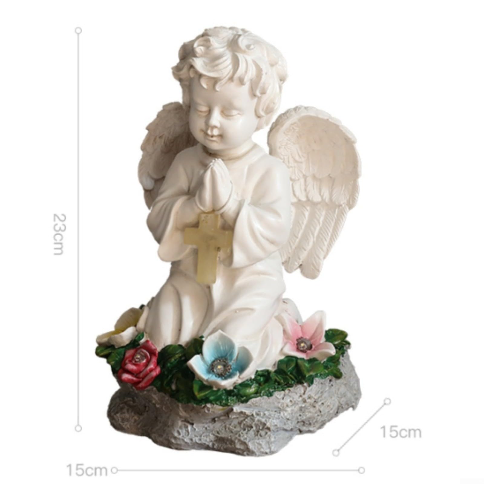 Statua di angelo in resina a energia solare, 15 cm, in ginocchio, con luce automatica, per giardino, matrimonio, cimitero, bianco
