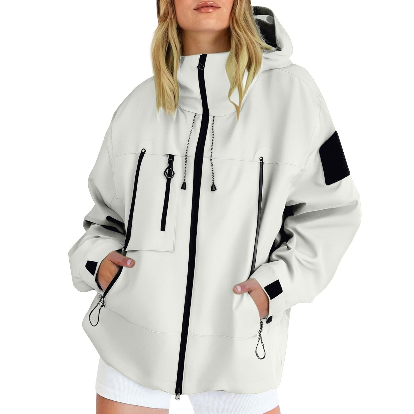 Bukknye Women's White Waterproof Packable Jacket Raincoat Waterproof Jacket Lightweight Rain Coats Outdoor Rain Trench Coat Packable Hooded Raincoats With Multi Pocket Zipper Oversize