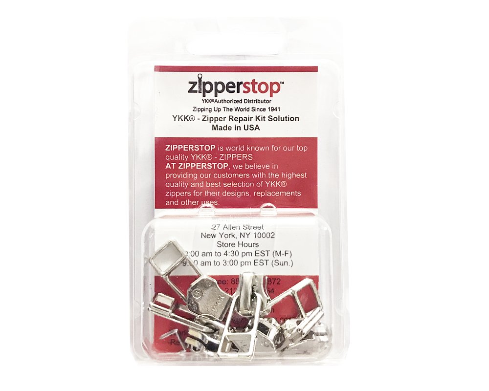 ZipperstopWholesale - Zipper Repair Kit Solution YKK® #5 Assorted Metal Bell Pull Sliders with Top-Bottom Stoppers Made in USA in CLAMSHELL BOX W/HANGER (Aluminum - 5 sliders)