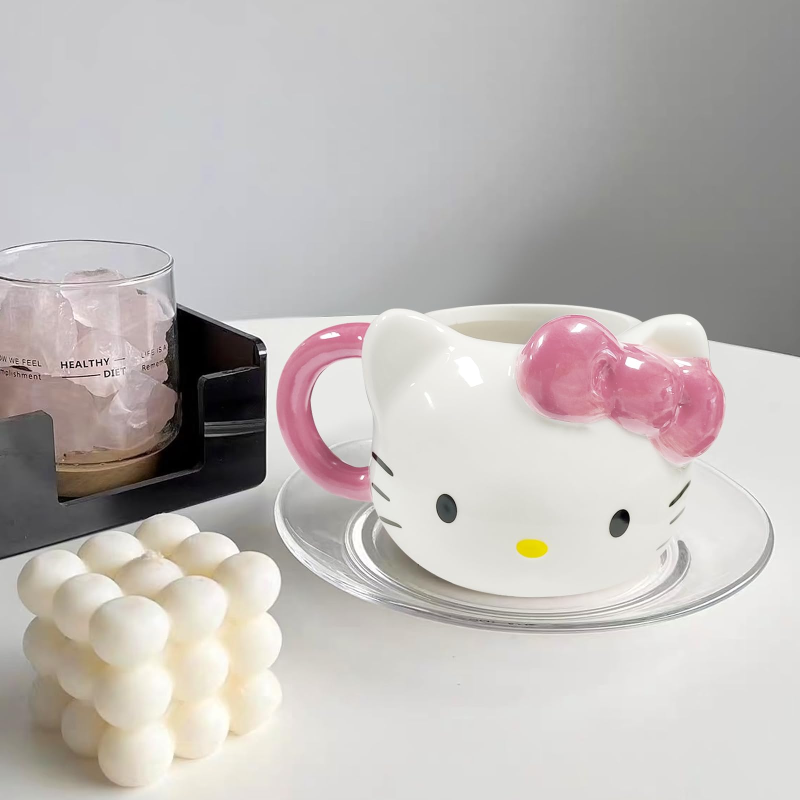 Hello Kitty Tasse, Hello Kitty Cup mit Rosa Schleife, Kaffeebecher Porzellan,  Niedlicher 3D-Becher, Handgefertigte Porzellantasse Geschenk für  Weihnachten Geburtstag Jubiläum : Amazon.de