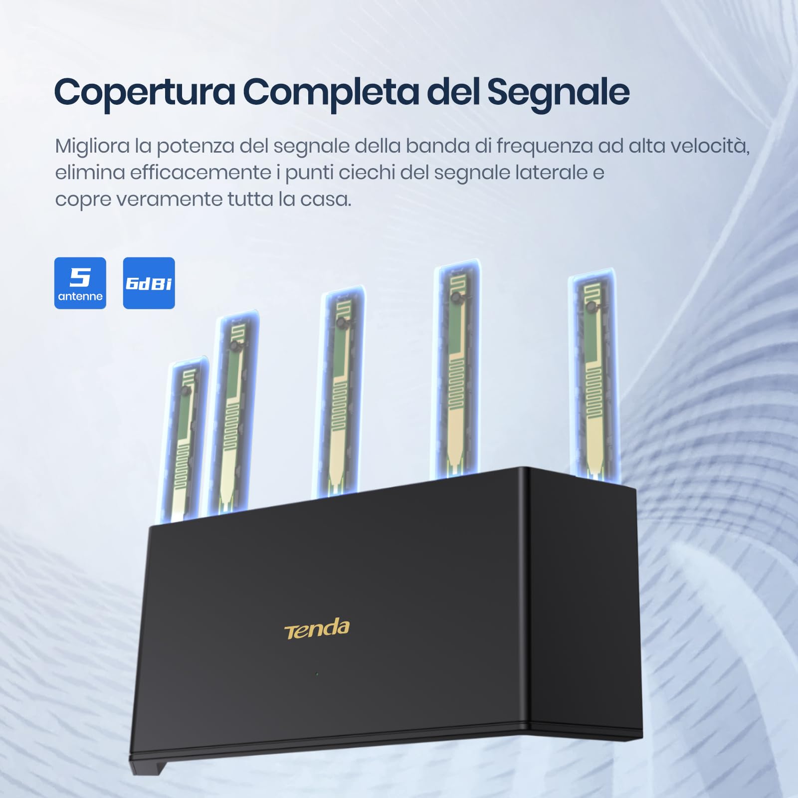 Tenda RX12L Pro Router WiFi 6 Dual-Band AX3000Mbps, Design Verticale, 4 Porte Gigabit, 5 Antenne Ad Alto Guadagno, WiFi+ Copertura, Compatibile con Mesh, Parental Control, Rete Ospiti, WPA3