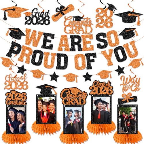 Image of Graduation Decorations 2026 - Orange Congrats Grad Party Supplies Include Glitter We are So Proud of You Banner, Hanging Swirls and Honeycomb Centerpieces for Photo Toppers