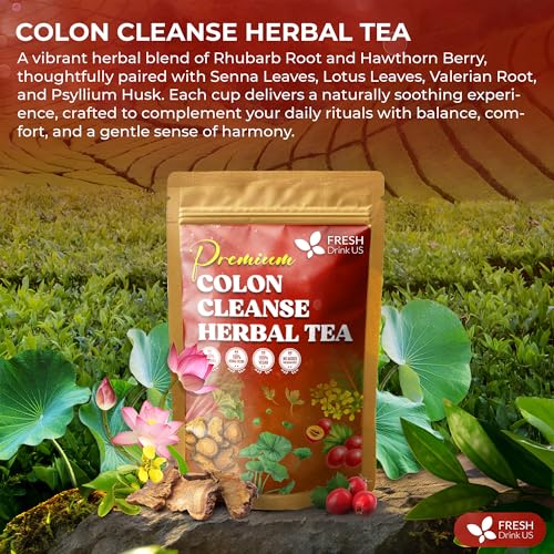 Image of FreshDrinkUS, Premium Colon Cleanse Tea - 60 Tea Bags - Rhubarb Root & Hawthorn Berry with Senna, Lotus Leaf, Valerian Root & Psyllium Husk - Herbal Blend, Caffeine-Free. Vegan