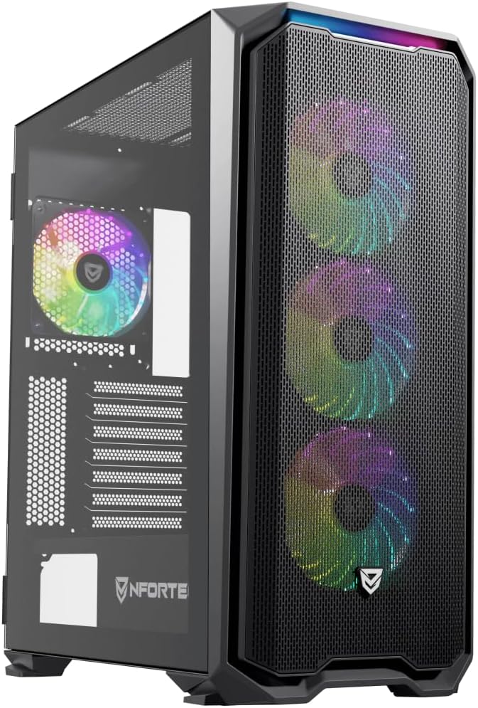 Nfortec - Krater X Mid Tower (ATX) Gaming Case, 4X 120mm ARGB Fans Included, Front Mesh, Side Tempered Glass, Black