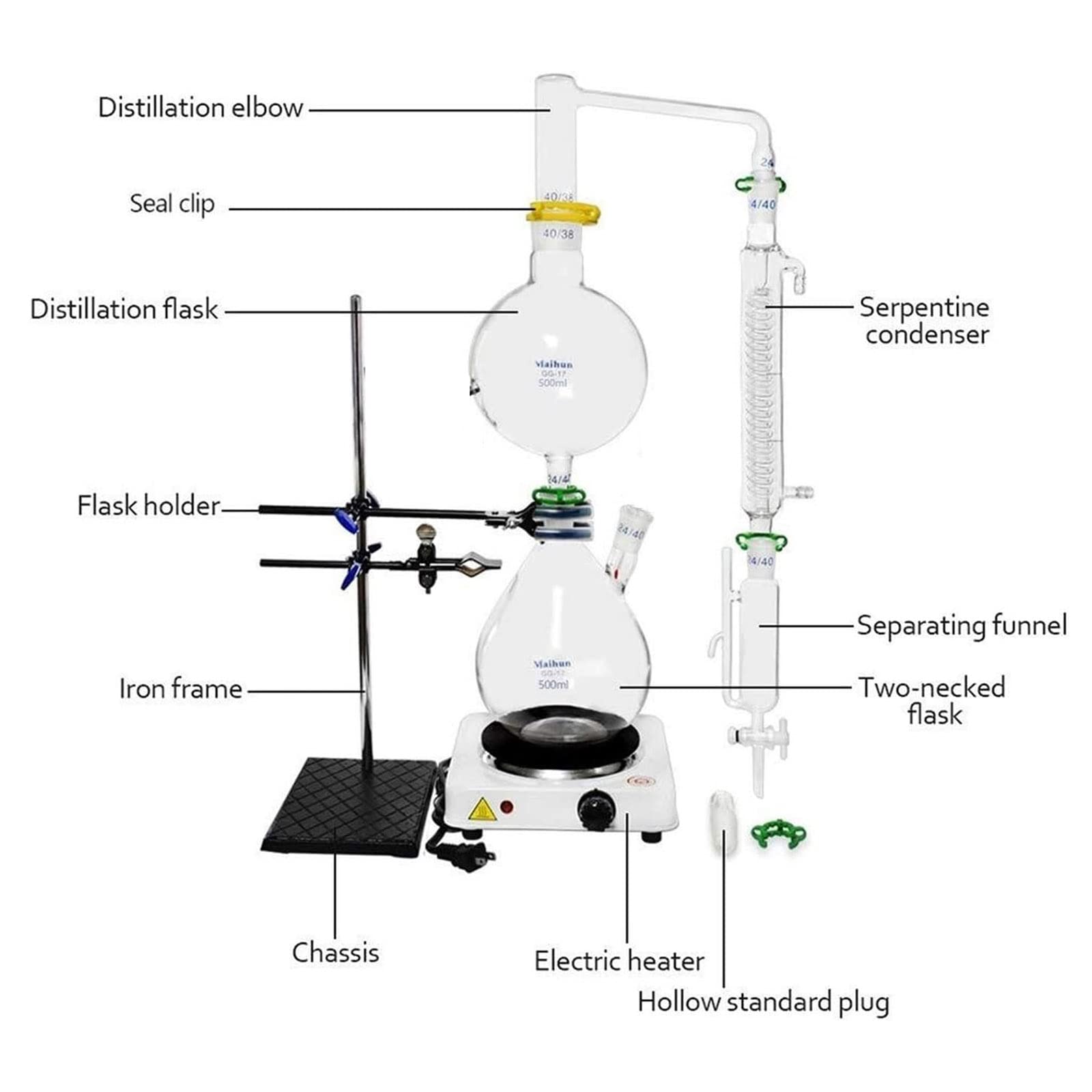 Aparato de destilación de Laboratorio, Aparato de extracción de aceites Esenciales de 2000 ml, Kit de cristalería de destilación al Vapor de Vidrio, con Condensador de Estufa Caliente, Equipo de ens
