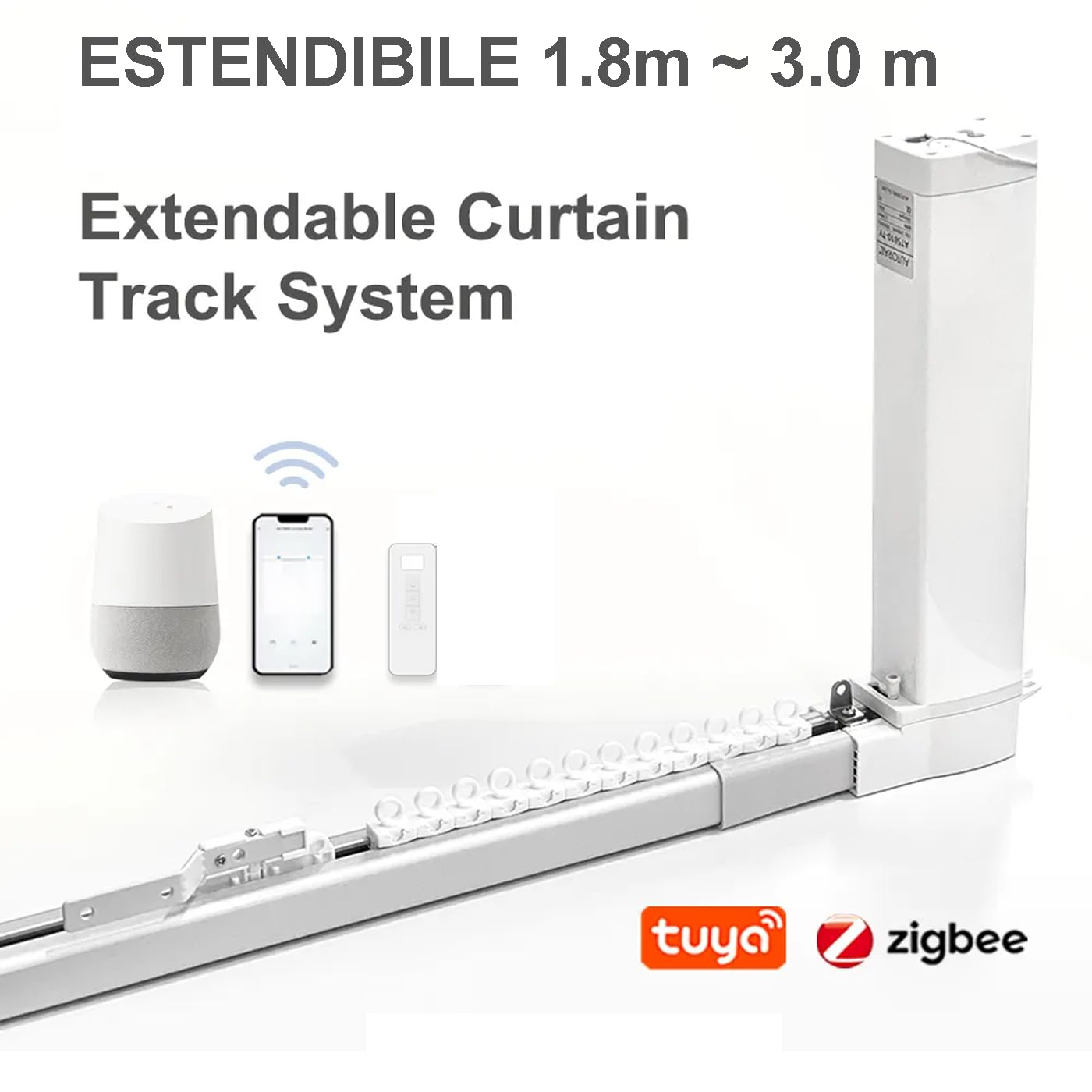 Binario tenda Motorizzato Smart per Tende, 1,8-3,0 m, Motore WiFi 80W, Compatibile Tuya/Zigbee, Controllo Vocale Alexa/Google Home, Telecomando Incluso, Bianco APP Tuya