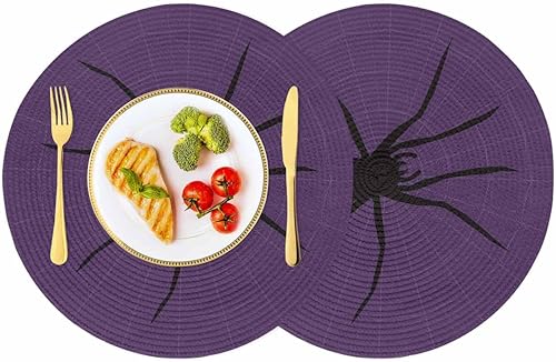 Juego de 2 manteles individuales trenzados redondos de 15 pulgadas, diseño de feliz Halloween, color morado, juego de manteles individuales gruesos,