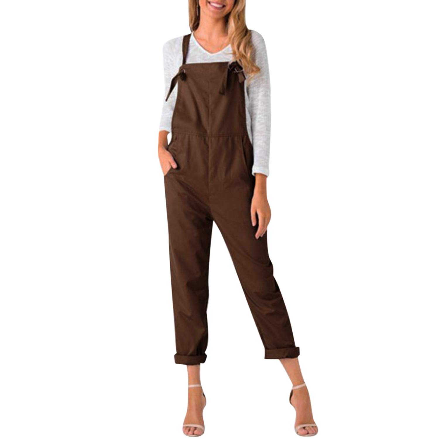 Runstarshow Womens Linen Overalls Baggy Adjustable Strap Sleeveless Jumpsuit Playsuit Bib Pants Dungarees with Pockets