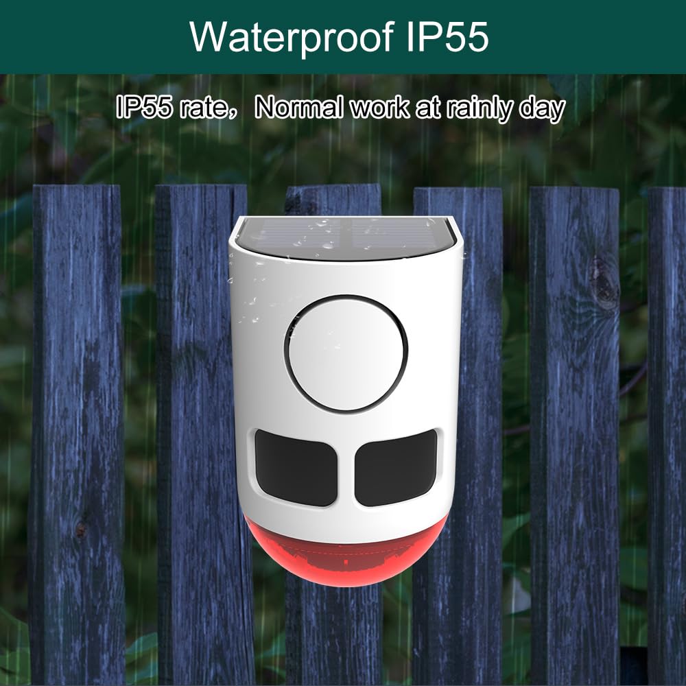 Alarma solar exterior con sonido y luz, 129 dB, sensor de movimiento infrarrojo con función disuasoria, 13 tonos diferentes con luces de advertencia de seguridad intermitentes rojas (2 unidades