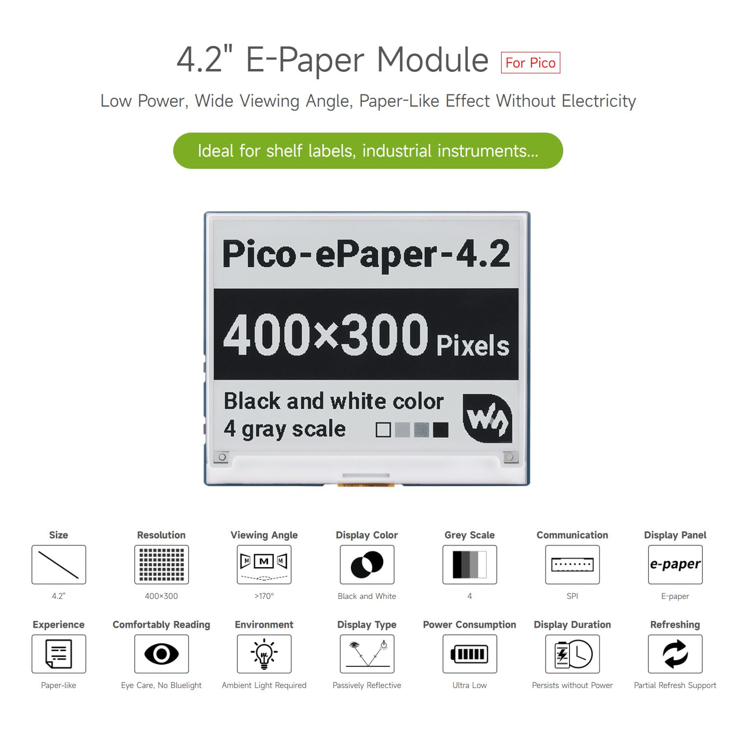 Waveshare 4.2inch E-Paper for Raspberry Pi Pico 400×300 Pixels Black/White E-Ink Display Module with SPI Interface