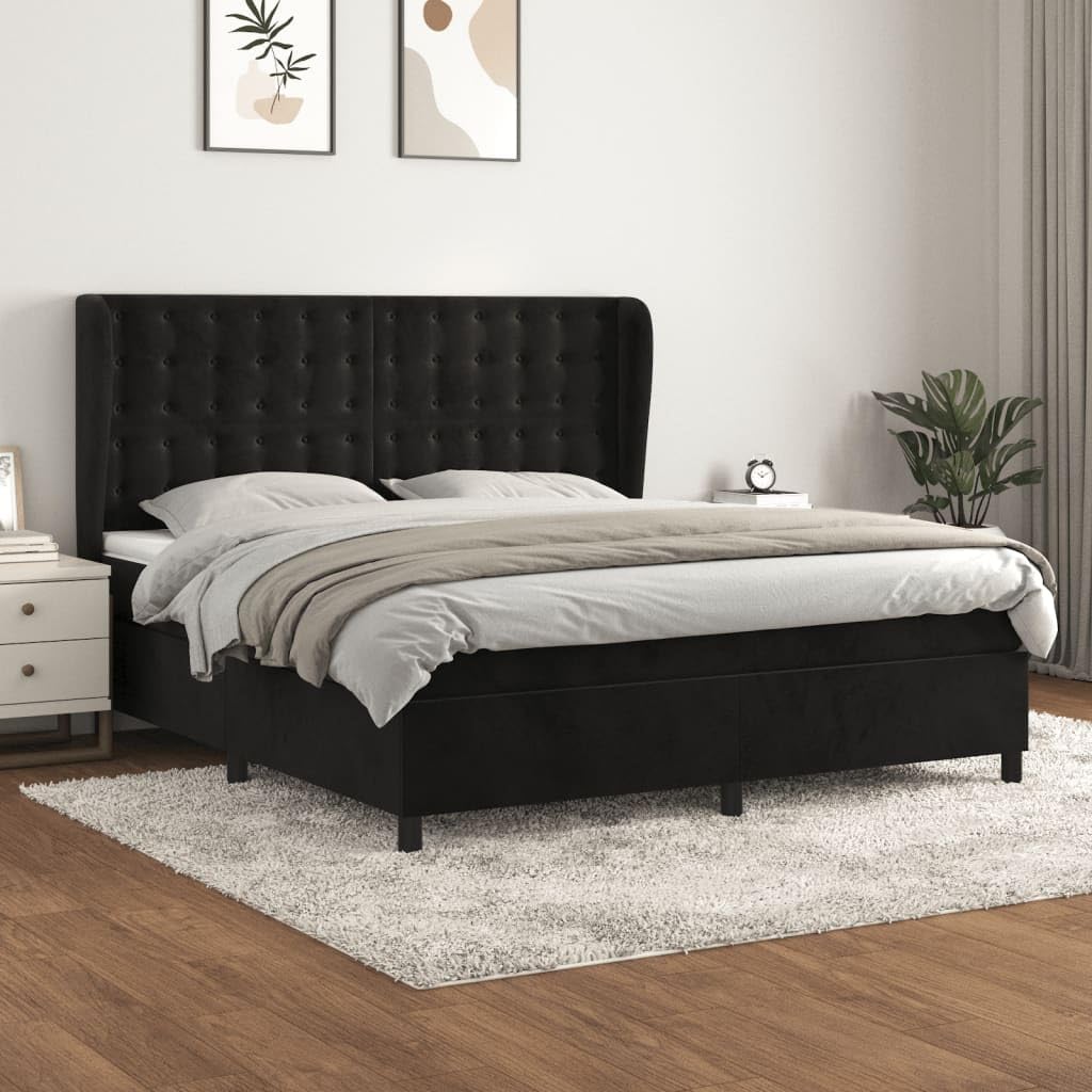 Łóżko kontynentalne z materacem w kolorze czarnym, 180 x 200 cm, aksamitne łóżko, łóżko rodzinne, do pokoju gościnnego, hostelu, sypialni, salonu