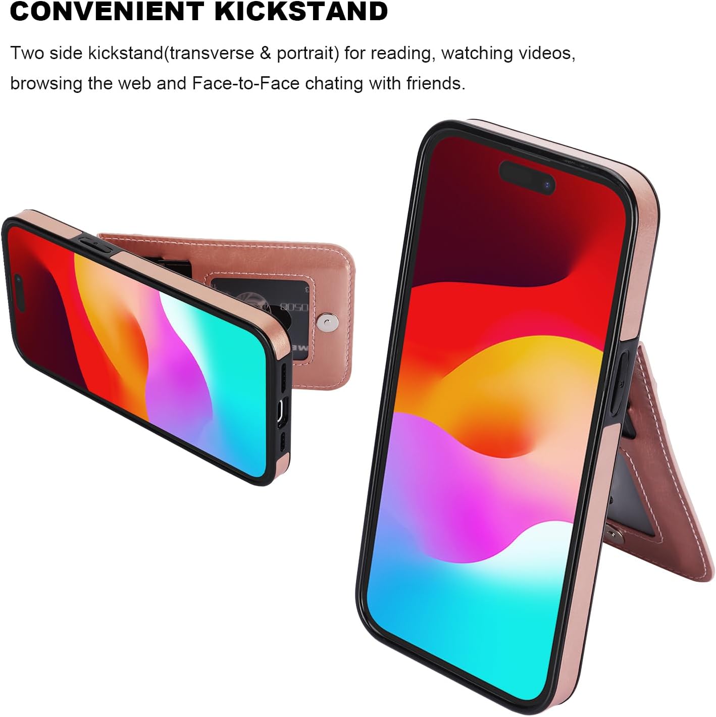 KIHUWEY for iPhone 15 Pro Case Wallet Compatible with MagSafe Wireless Charging, Credit Card Holder, RFID Flip Leather Magnetic Clasp Kickstand Heavy Duty Protective Cover 6.1 Inch (Rose Gold)