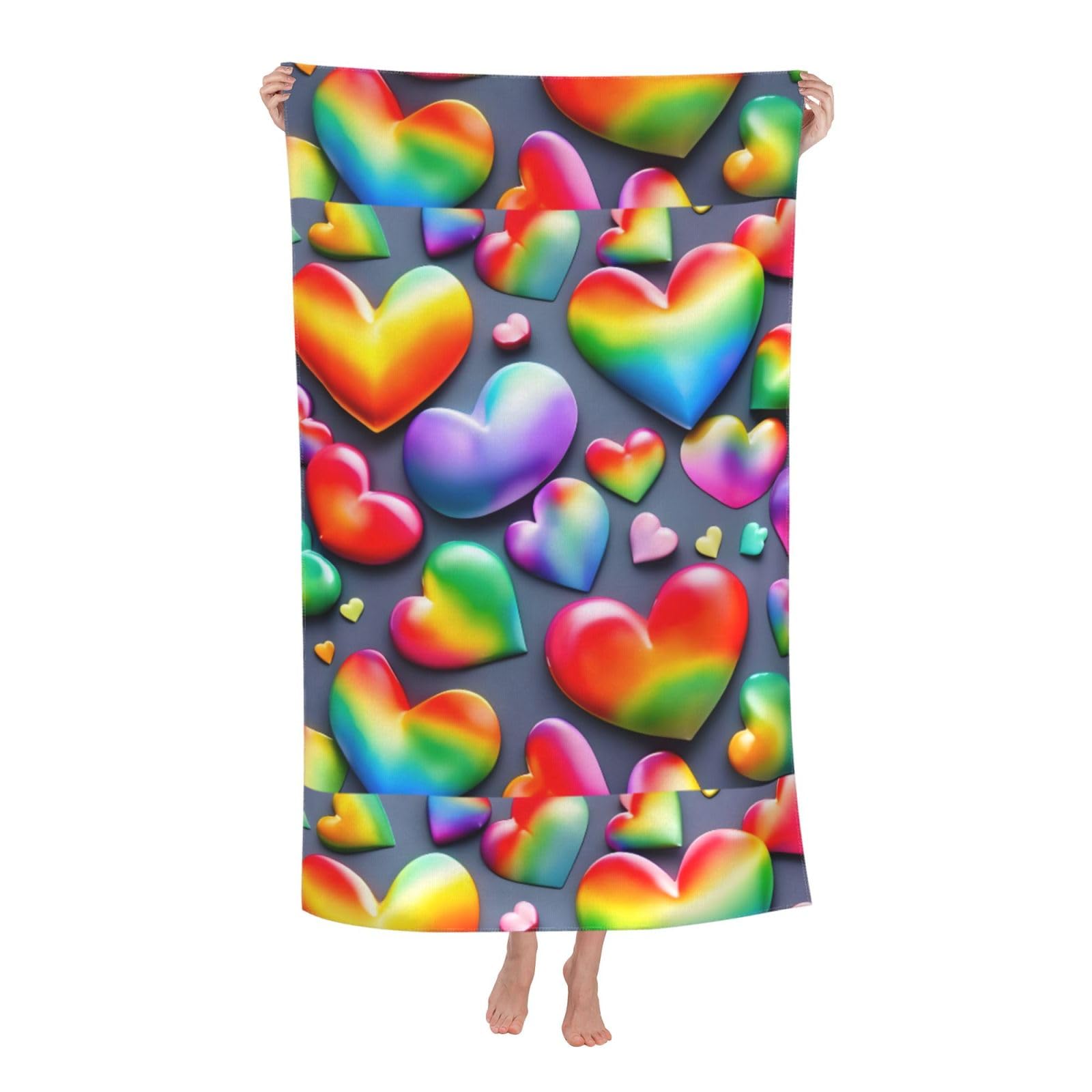 Cbaaghh Rainbow-Colored Love Hearts Print Adult Beach Towels,Beach & Pool Towel,Beach Towels,Towels For Camping