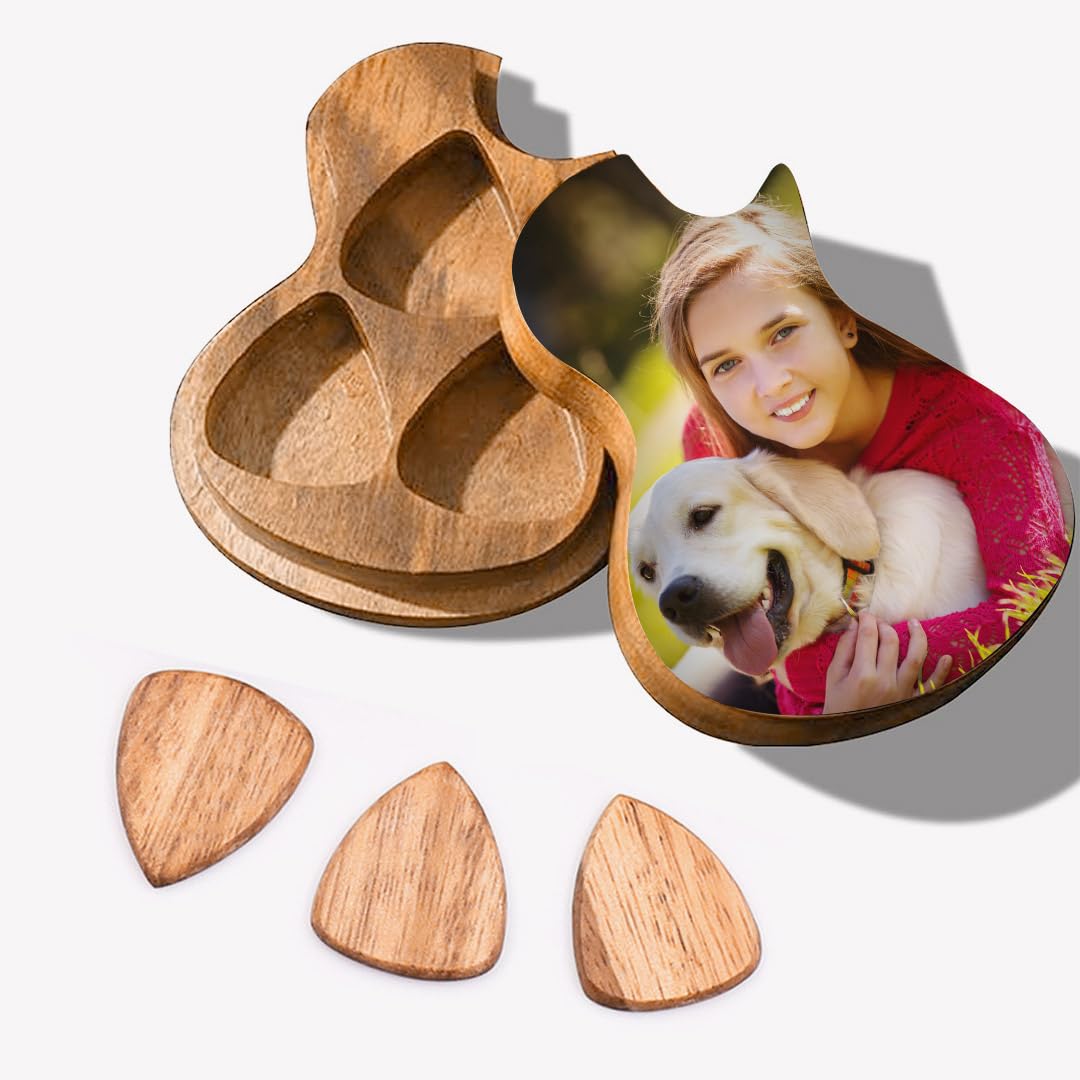 Custom Photo Guitar Pick Holder with 3 Pcs Wooden Picks, Personalized Picks Box Case Holders by Picture Name Text Message Durable Printed, Customize Standard Triangle Plectrum Pick Collector Container