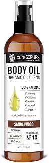 pureSCRUBS Sandalwood Body Oil Spray: Organic Jojoba Argan Coconut for Dry Skin, Wrinkles, Scars - Vitamin E 4oz
