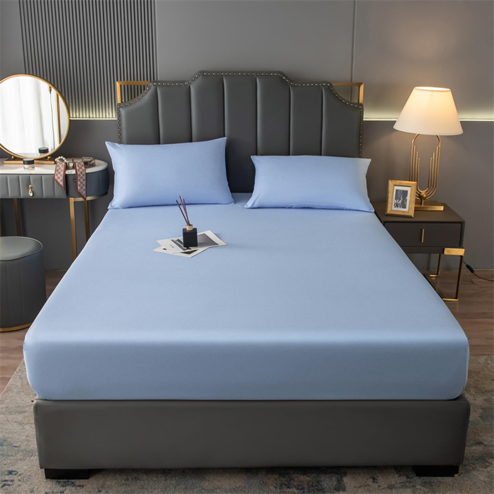 Protector Colchón, Funda colchon, Transpirable, Bolsillo Profundo Totalmente Elastic Equipada, sábana Bajera Doble, Sabana Bajera Cama (Azul,180x200cm)