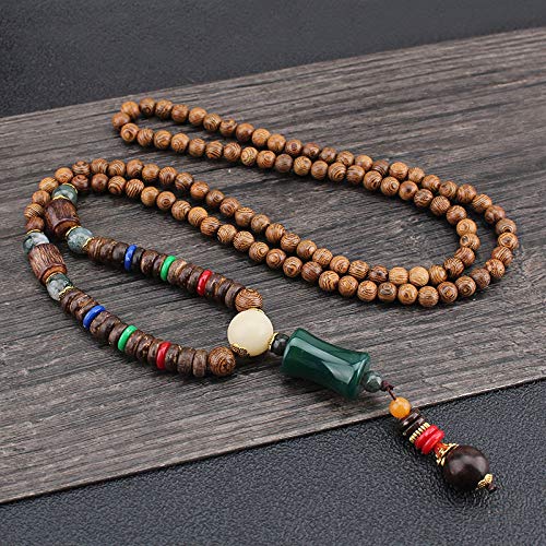 THTHT Vintage en Perles Long Collier Chaîne Chandail Sculpture sur Bois Naturel Ethnique Perles Agate Bouddha Vert Bohemian Unisexe Accessoires du Vêtement Simple Minimaliste Cover