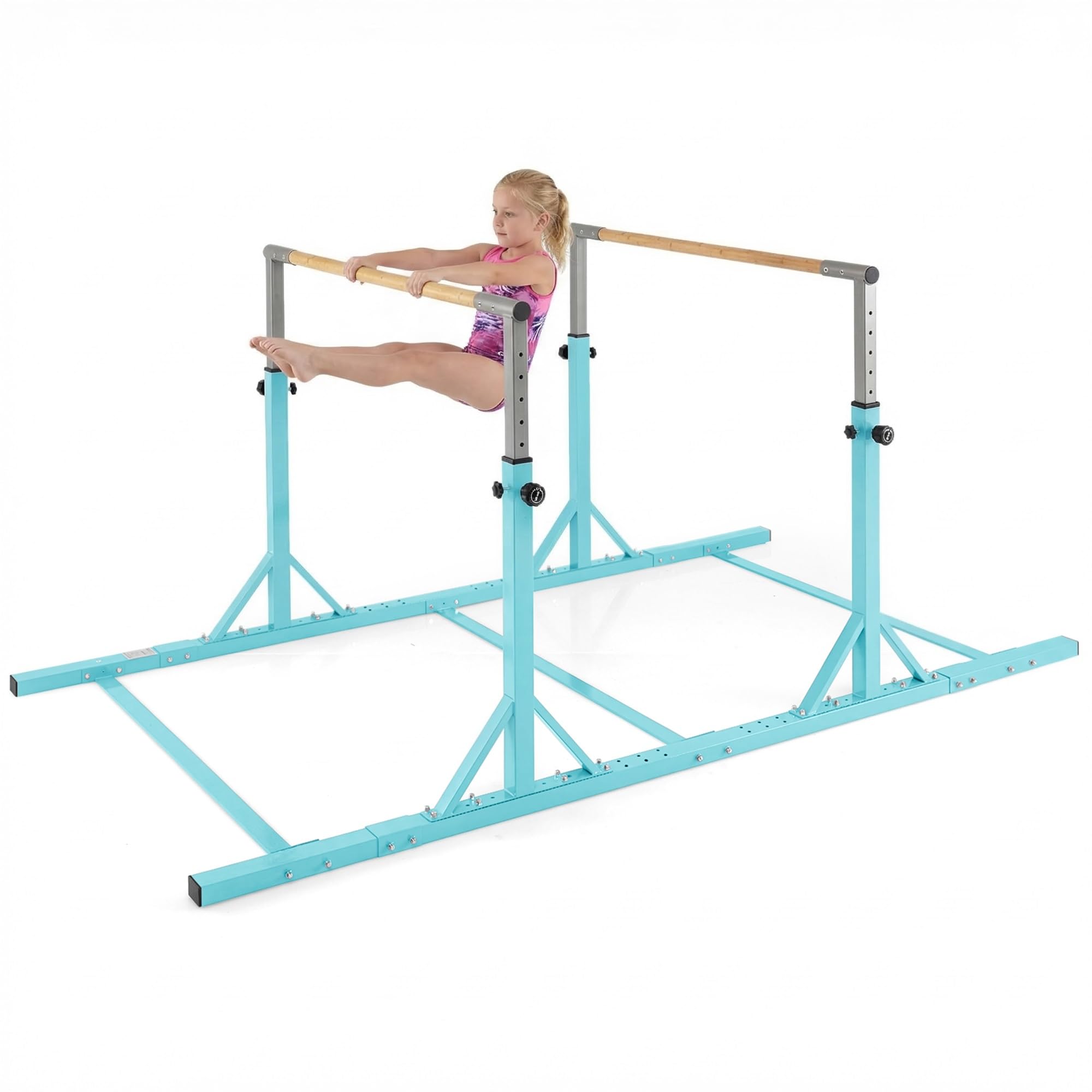 GYMAX Barres Parallèles de Gymnastique pour Enfants, Double Barre Réglable en Hauteur 85-145 cm sur 13 Niveaux, Équipement d'Entraînement à Domicile avec Support Métallique Triangulaire