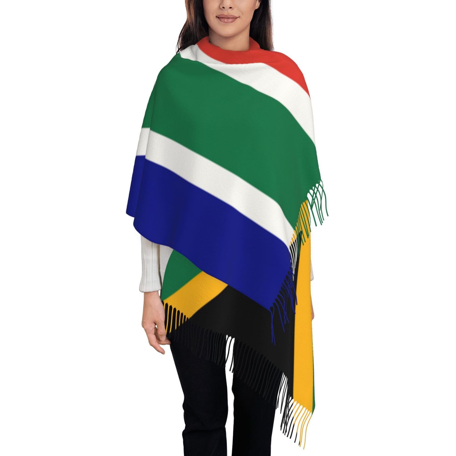 Cxzmnba South African flag Tassel Scarf, Warm Long Tassel Wrap for Spring & Fall & Winter Outfits, Cozy Accessory