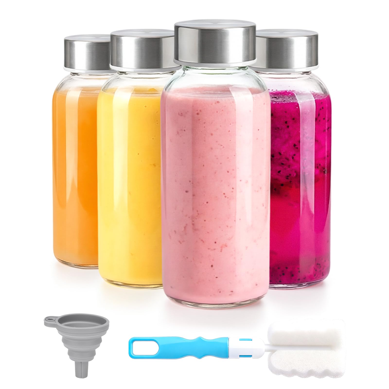 Zukro 8 oz Small Glass Juice Bottles with Stainless Steel Lids Leak Proof | BPA Free Reusable Clear Glass Jar for Juicing, Water, Smoothies, Dishwasher Safe Homemade Drinks Storage Container, Set of 4