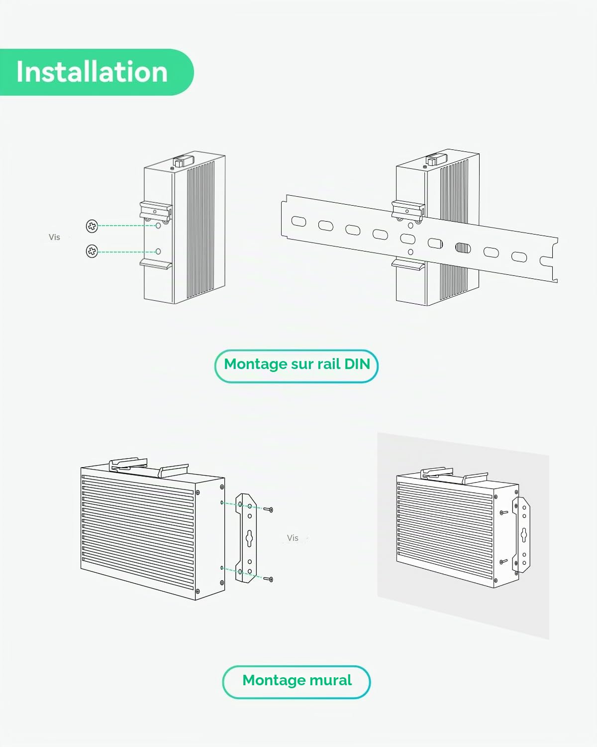 LINOVISION Switch PoE Industriel 8 Ports Gigabit, entrée DC 12~57V. Switch PoE 12V/24V Compatible systèmes solaires/UPS , avec 2 Ports PoE+ Haute Puissance pour caméras PTZ ou AP sans Fil.