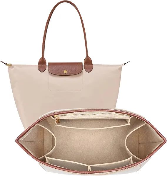DOIAPUOS Felt Purse Organizer Insert for Longchamp Le Pliage L Bag Handbag Leather edge Longchamp Organizer Insert (Beige, Large)