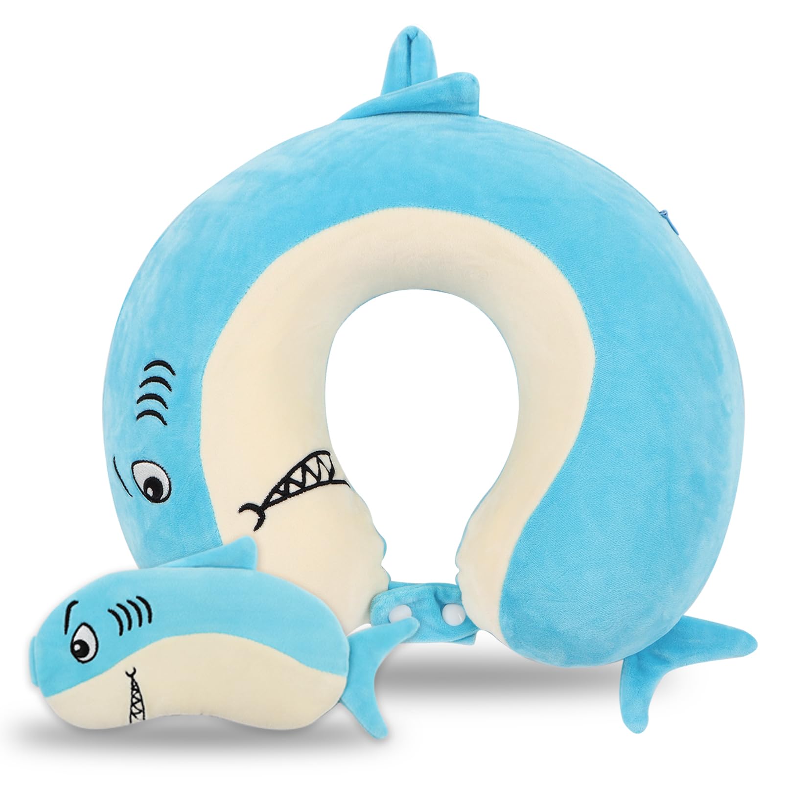 Reiskussen, reiskussen voor kinderen met slaapoogmasker, zacht traagschuim nekkussen voor kinderen, jongens en meisjes, tieners, reisaccessoires voor vliegtuig - haaiennekkussen