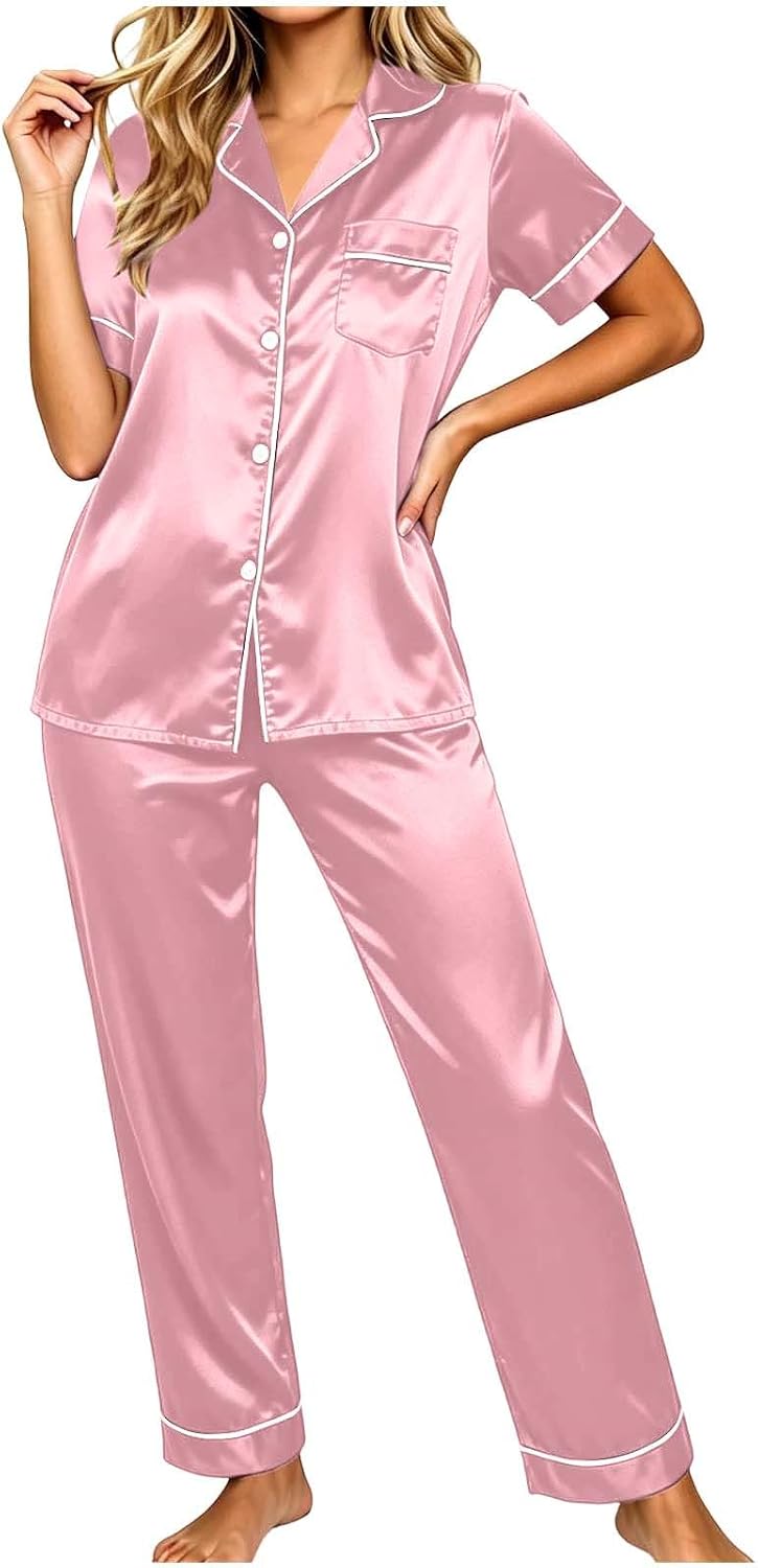 Womens Satin Pajamas Set Short Sleeve Button Down Top Long Pants | Smooth Lightweight Fabric. Contrast Piping. Classic Notch Collar. Chest Pocket Design. Relaxed Nightwear