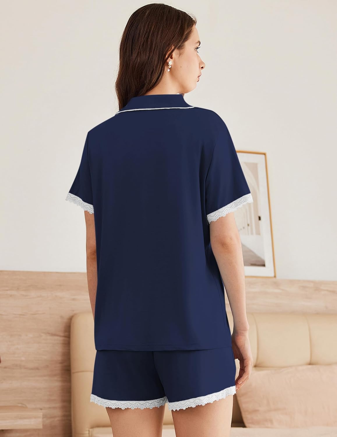 Ekouaer Womens Short Sleeve Pajamas Set Soft Sleepwear Button Down Lounge Set Lace Top and Shorts Pj Nightwear