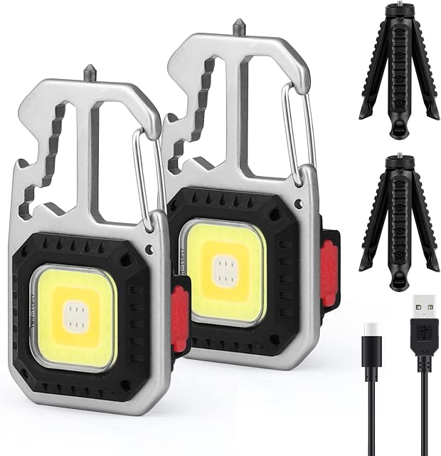 WolinTek 2 szt. Mini latarka LED z możliwością ładowania, przenośna mini lampka robocza, latarka COB brelok 800 lumenów latarka robocza z magnetycznym haczykiem Otwieracz do butelek na kemping