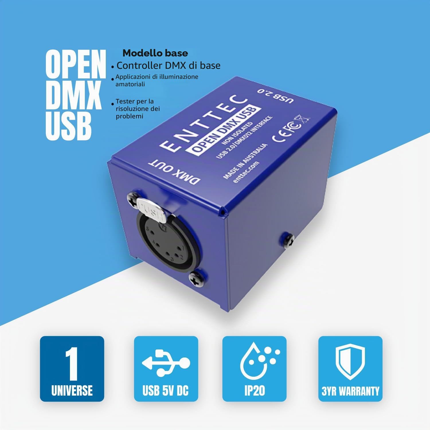 Enttec - Open DMX USB Dongle, interfaccia USB a DMX, 512 ch, 1 universo