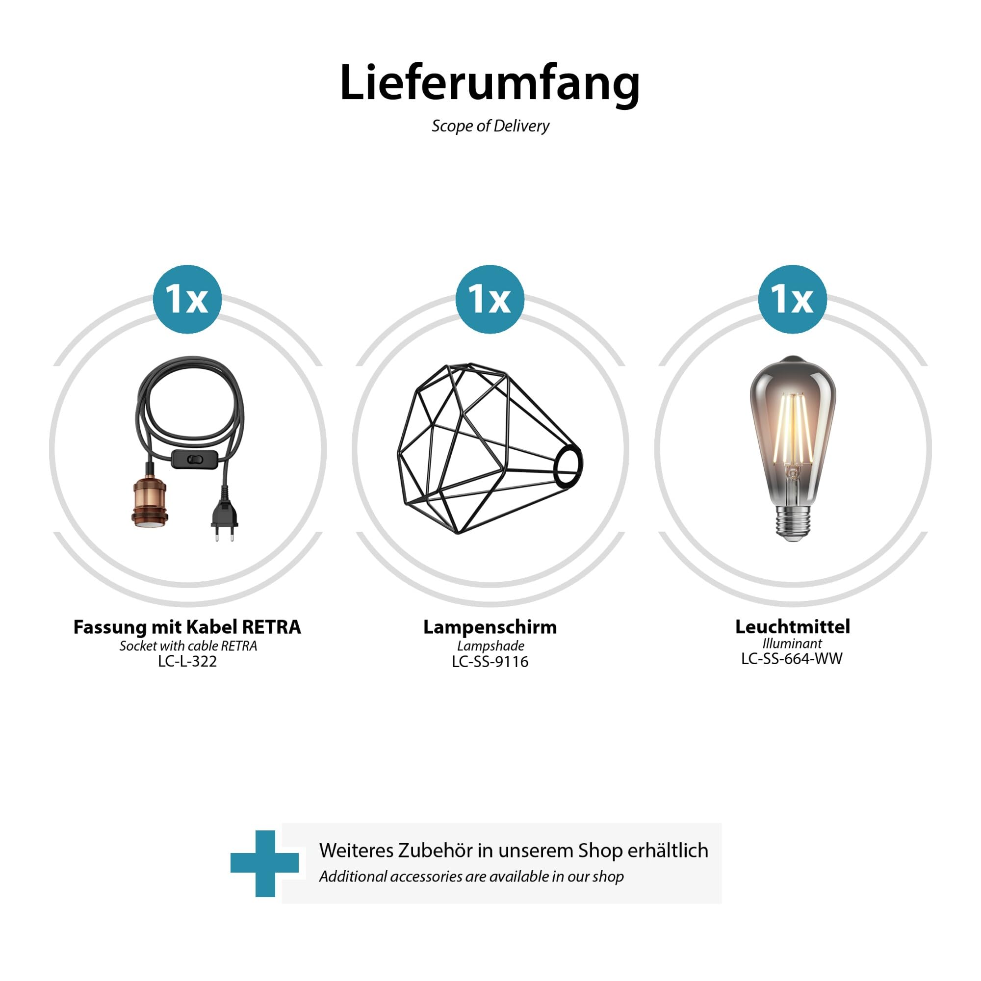 ledscom.de 2x 3 m Textilkabel RETRA, Vintage, Stecker, Schalter, bronze, Käfig-Schirm + LED Lampe 240lm, extra-warmweiß