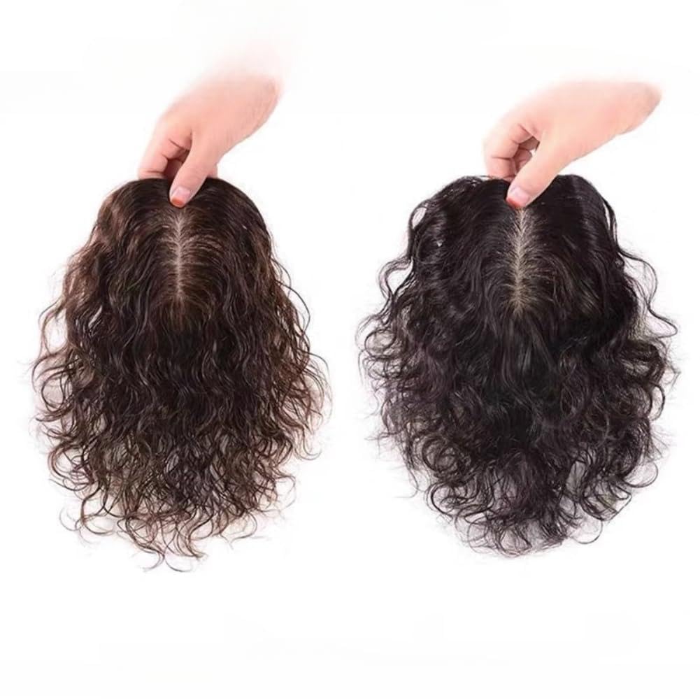 Clip In Toppers Human Hair One-piece Middle Long Curly Hair with Bangs Wiglet Hairpiece for Women Thin Hair White Hair (Natural black,30cm)