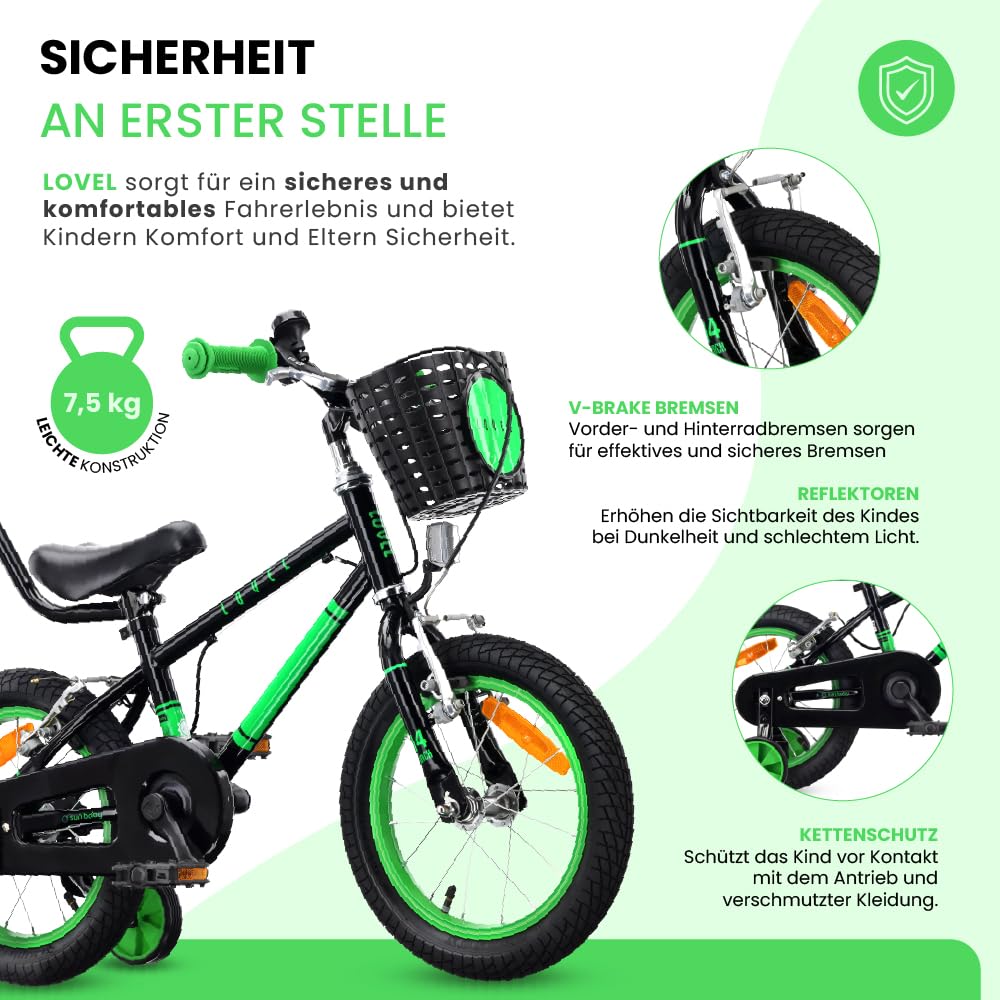 sun baby Kinderfahrrad 14/16 Zoll LOVEL - Mädchenfahrrad und Jungenfahrrad, 3-6 Jahre, max. 50 kg - Korb, Klingel, Kettenschutz