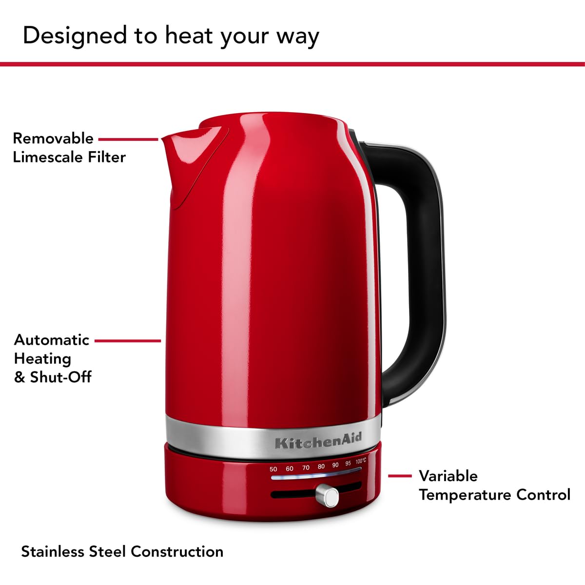 KitchenAid czajnik elektryczny z regulacją temperatury – 1,7 l – 50°C do 100°C – stal nierdzewna – jednościenny styl retro – ochrona przed kroplami – cesarska czerwień