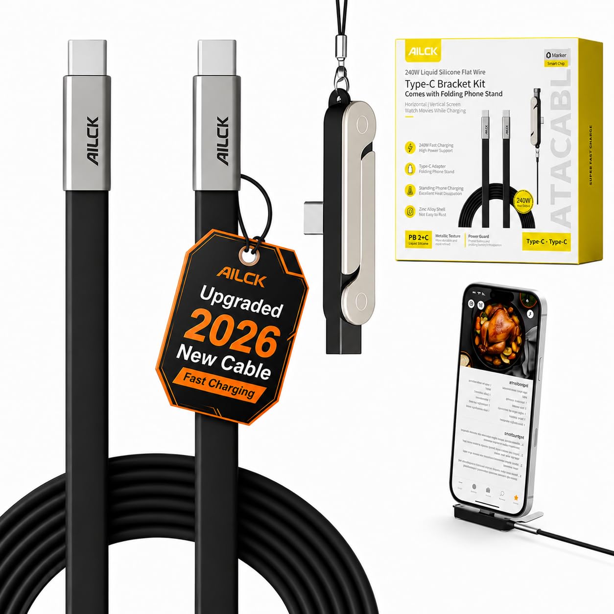 Cable USB a C desmontable 2 en 1 de 240 W de carga súper rápida de 5 pies y 90 grados con cargador de teléfono, soporte invisible y funda de teléfono, cable de carga plano lateral en ángulo recto para