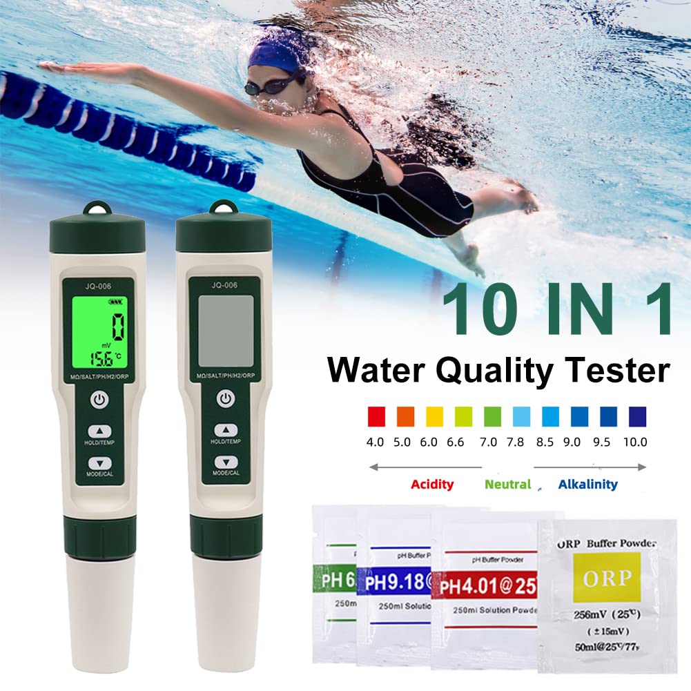 10 in 1 Wasserqualität Tester PH/TDS/SALT/SG/ORP/EC/Hydrogen/Resistivität/TEMP/Nährstoff Professionelle hohe Genauigkeit Prüfung Stift mit LCD für Trinkwasser Schwimmbad Aquarium (01)