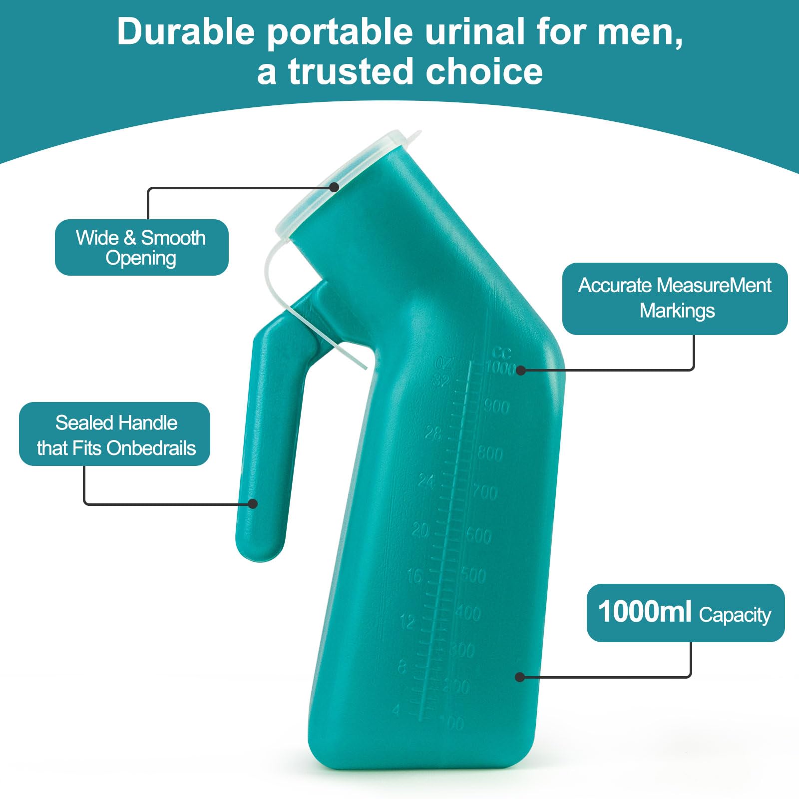 Orina de orina masculina firme con 2 ganchos, 32 onzas/1000 ml (paquete de 2) (verde)