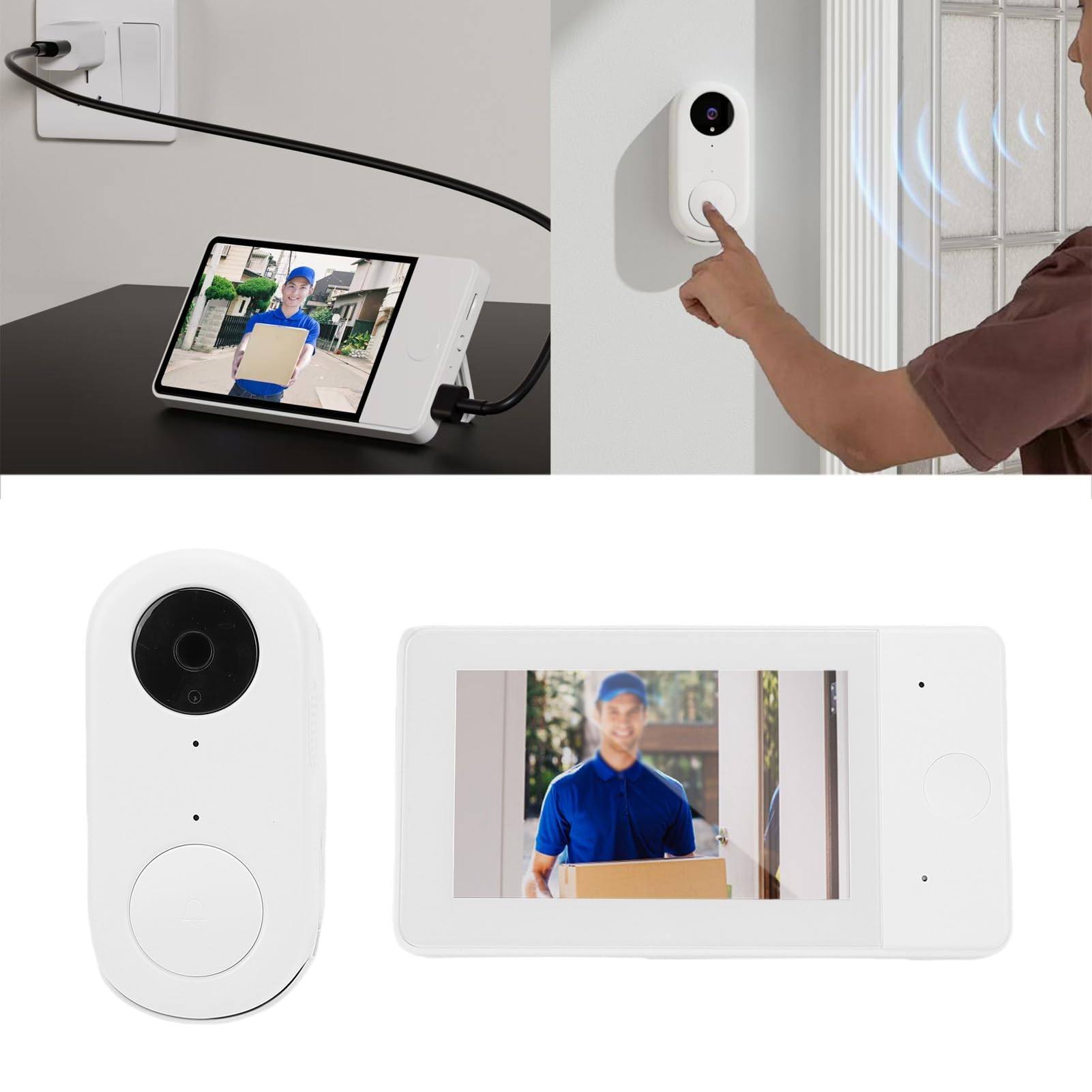 Denash Caméra de Sonnette sans Fil, écran de 4,3 Pouces avec Portée sans Fil de 20 M et Conversation Bidirectionnelle, Sonnette Vidéo étanche IP65 avec Batterie Rechargeable, pour