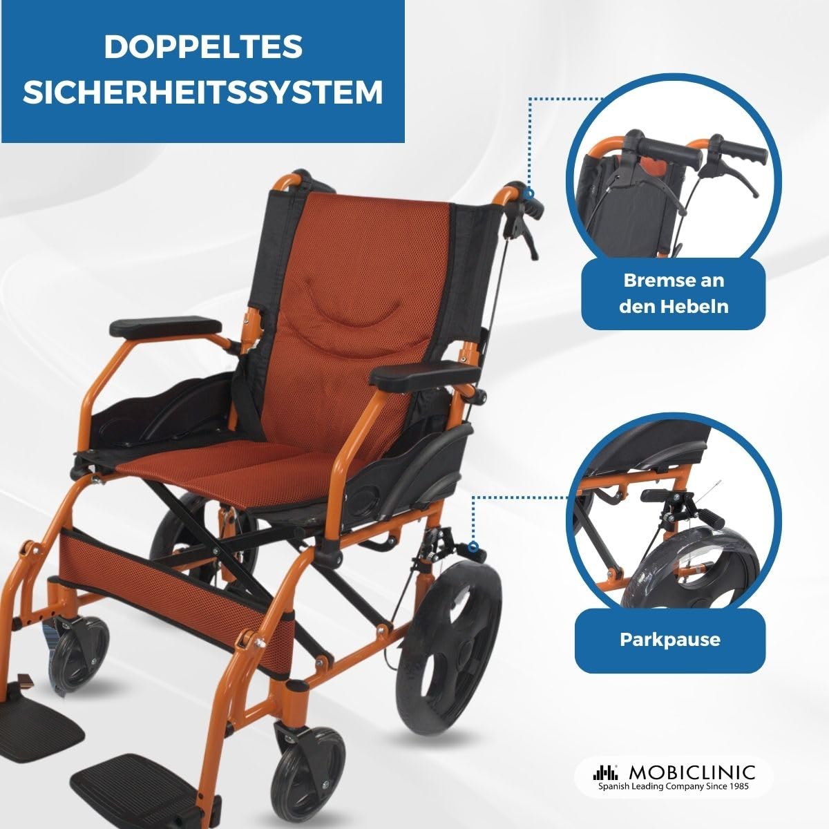 Mobiclinic®, Rollstuhl, Klappbar, Leichtgewicht, Sitz 46 cm, Zwei bremssysteme, Klappbare rückenlehne, Aluminium, Fußstützen, Modell pirámide, Kleine räder, Feste armlehnen