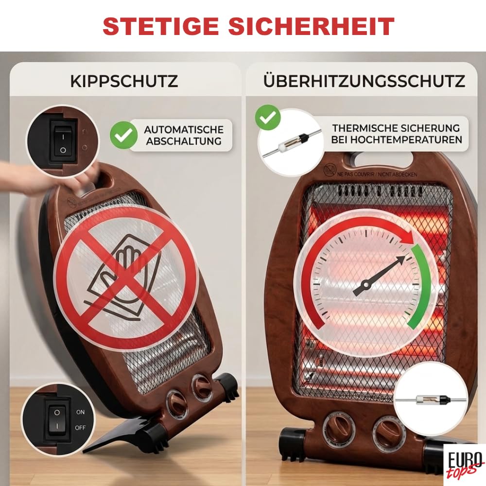 EUROtops Stufa a infrarossi 400/800 W, silenziosa, riscaldamento rapido profondo, timer, pieghevole, sicuro, per casa e ufficio