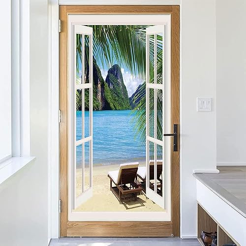 Vista 54 de Tropic - Película 3D para ventana, palmeras tropicales oceánicas en isla soleada, imagen panorámica, para puerta de cristal, baño, sala de estar