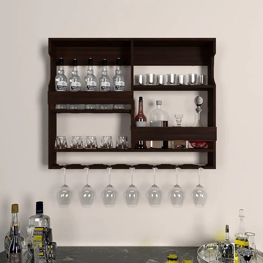 Genuine Decor Small Wooden Wall Cellar Cup Holder Bar Cabinet Wine Glass Holder Rack and Glass Holder with Extra Space (Walnut)-image-34