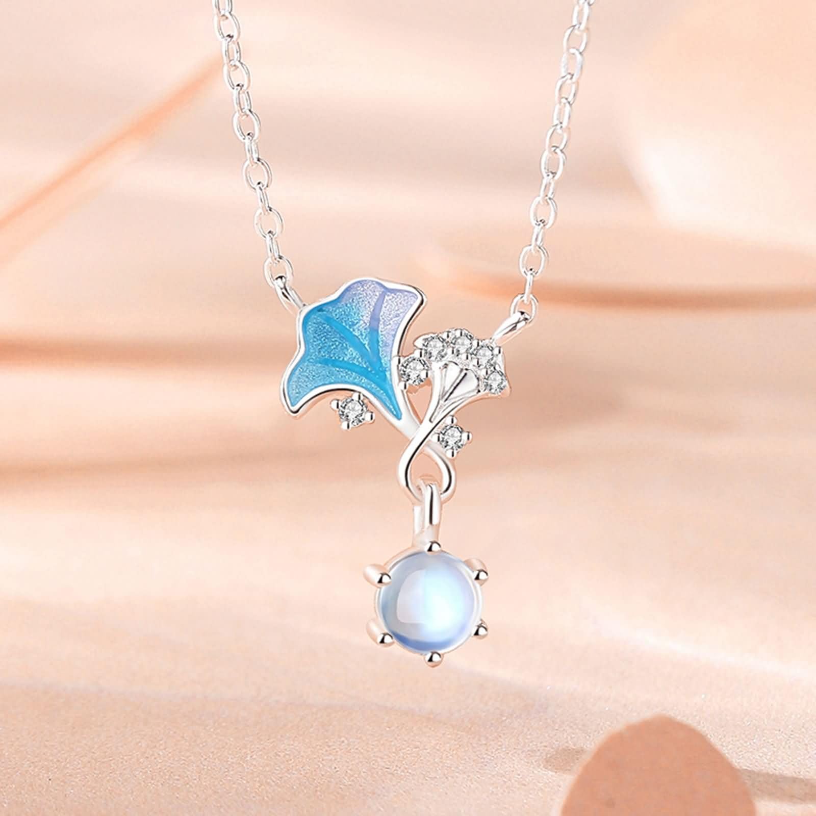Donna Ciondoli Collana Oro Bianco 9K / 14K / 18K 750, Smalto Ginkgo con Pietra di Luna e Moissanite, Collane da Donna in Argento
